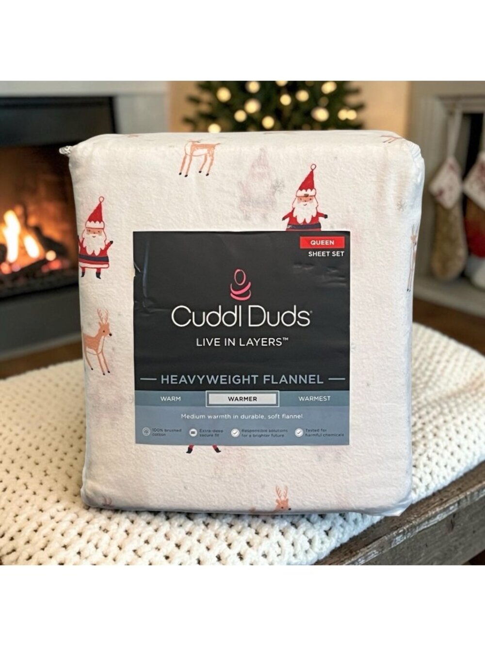 Cuddl Duds Queen Heavyweight Flannel Sheet Set Christmas Santa Reindeer NWT